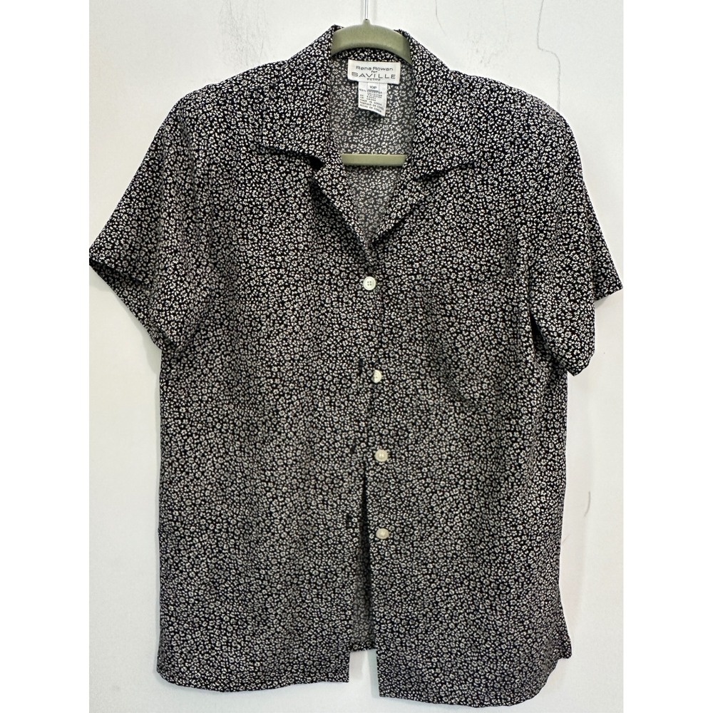 Rena Rowan for Saville Vintage 90s Black White Floral Blouse Sz 10P Petite SS